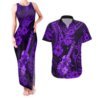 Hawaii Ukulele Couples Matching Tank Maxi Dress and Hawaiian Shirt Polynesian Pattern Purple Version - Wonder Print Shop