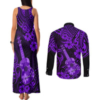 Hawaii Ukulele Couples Matching Tank Maxi Dress and Long Sleeve Button Shirts Polynesian Pattern Purple Version - Wonder Print Shop