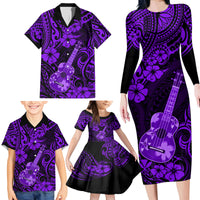 Hawaii Ukulele Family Matching Long Sleeve Bodycon Dress and Hawaiian Shirt Polynesian Pattern Purple Version - Wonder Print Shop
