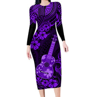 Hawaii Ukulele Family Matching Long Sleeve Bodycon Dress and Hawaiian Shirt Polynesian Pattern Purple Version - Wonder Print Shop