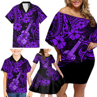 Hawaii Ukulele Family Matching Off Shoulder Short Dress and Hawaiian Shirt Polynesian Pattern Purple Version - Wonder Print Shop