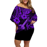 Hawaii Ukulele Family Matching Off Shoulder Short Dress and Hawaiian Shirt Polynesian Pattern Purple Version - Wonder Print Shop