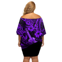Hawaii Ukulele Family Matching Off Shoulder Short Dress and Hawaiian Shirt Polynesian Pattern Purple Version - Wonder Print Shop
