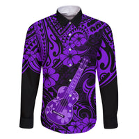 Hawaii Ukulele Family Matching Short Sleeve Bodycon Dress and Hawaiian Shirt Polynesian Pattern Purple Version - Wonder Print Shop
