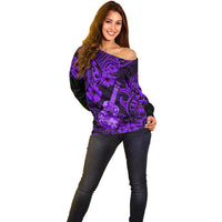 Hawaii Ukulele Off Shoulder Sweater Polynesian Pattern Purple Version - Wonder Print Shop