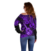Hawaii Ukulele Off Shoulder Sweater Polynesian Pattern Purple Version - Wonder Print Shop