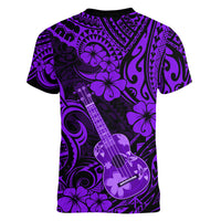 Hawaii Ukulele Women V Neck T Shirt Polynesian Pattern Purple Version - Wonder Print Shop
