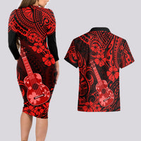 Hawaii Ukulele Couples Matching Long Sleeve Bodycon Dress and Hawaiian Shirt Polynesian Pattern Red Version - Wonder Print Shop