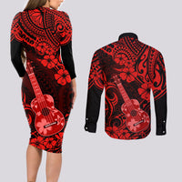 Hawaii Ukulele Couples Matching Long Sleeve Bodycon Dress and Long Sleeve Button Shirts Polynesian Pattern Red Version - Wonder Print Shop