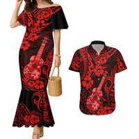 Hawaii Ukulele Couples Matching Mermaid Dress and Hawaiian Shirt Polynesian Pattern Red Version - Wonder Print Shop