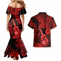 Hawaii Ukulele Couples Matching Mermaid Dress and Hawaiian Shirt Polynesian Pattern Red Version - Wonder Print Shop