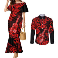 hawaii-ukulele-couples-matching-mermaid-dress-and-long-sleeve-button-shirts-polynesian-pattern-red-version