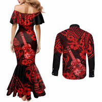 hawaii-ukulele-couples-matching-mermaid-dress-and-long-sleeve-button-shirts-polynesian-pattern-red-version