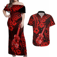 Hawaii Ukulele Couples Matching Off Shoulder Maxi Dress and Hawaiian Shirt Polynesian Pattern Red Version - Wonder Print Shop