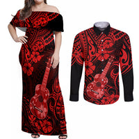 Hawaii Ukulele Couples Matching Off Shoulder Maxi Dress and Long Sleeve Button Shirts Polynesian Pattern Red Version - Wonder Print Shop