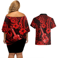 Hawaii Ukulele Couples Matching Off Shoulder Short Dress and Hawaiian Shirt Polynesian Pattern Red Version - Wonder Print Shop