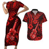 Hawaii Ukulele Couples Matching Short Sleeve Bodycon Dress and Hawaiian Shirt Polynesian Pattern Red Version - Wonder Print Shop