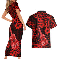 Hawaii Ukulele Couples Matching Short Sleeve Bodycon Dress and Hawaiian Shirt Polynesian Pattern Red Version - Wonder Print Shop