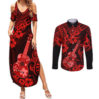 Hawaii Ukulele Couples Matching Summer Maxi Dress and Long Sleeve Button Shirts Polynesian Pattern Red Version - Wonder Print Shop