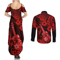 Hawaii Ukulele Couples Matching Summer Maxi Dress and Long Sleeve Button Shirts Polynesian Pattern Red Version - Wonder Print Shop