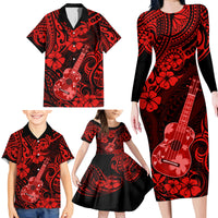 Hawaii Ukulele Family Matching Long Sleeve Bodycon Dress and Hawaiian Shirt Polynesian Pattern Red Version - Wonder Print Shop