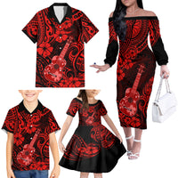 Hawaii Ukulele Family Matching Off Shoulder Long Sleeve Dress and Hawaiian Shirt Polynesian Pattern Red Version - Wonder Print Shop