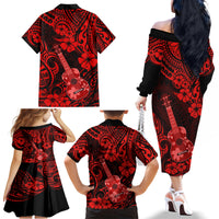 Hawaii Ukulele Family Matching Off Shoulder Long Sleeve Dress and Hawaiian Shirt Polynesian Pattern Red Version - Wonder Print Shop