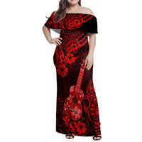 Hawaii Ukulele Family Matching Off Shoulder Maxi Dress and Hawaiian Shirt Polynesian Pattern Red Version - Wonder Print Shop