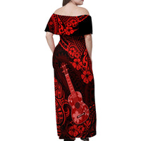 Hawaii Ukulele Family Matching Off Shoulder Maxi Dress and Hawaiian Shirt Polynesian Pattern Red Version - Wonder Print Shop