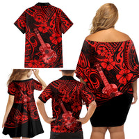 Hawaii Ukulele Family Matching Off Shoulder Short Dress and Hawaiian Shirt Polynesian Pattern Red Version - Wonder Print Shop