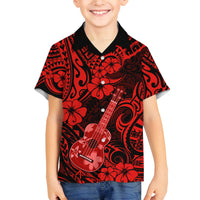 Hawaii Ukulele Family Matching Off Shoulder Short Dress and Hawaiian Shirt Polynesian Pattern Red Version - Wonder Print Shop