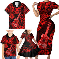 Hawaii Ukulele Family Matching Short Sleeve Bodycon Dress and Hawaiian Shirt Polynesian Pattern Red Version - Wonder Print Shop