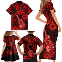 Hawaii Ukulele Family Matching Short Sleeve Bodycon Dress and Hawaiian Shirt Polynesian Pattern Red Version - Wonder Print Shop