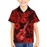 Hawaii Ukulele Family Matching Short Sleeve Bodycon Dress and Hawaiian Shirt Polynesian Pattern Red Version - Wonder Print Shop