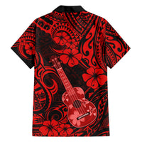 Red and black Hawaiian shirt back view with ukulele and floral tribal pattern