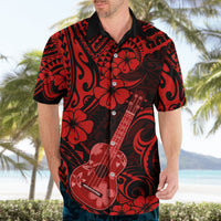 Men's red and black Hawaiian shirt with ukulele and hibiscus floral tribal print, buttons