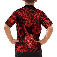 Kids red and black Hawaiian shirt back with ukulele graphic and swirling tribal pattern