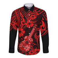 Hawaii Ukulele Long Sleeve Button Shirt Polynesian Pattern Red Version - Wonder Print Shop