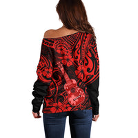 Hawaii Ukulele Off Shoulder Sweater Polynesian Pattern Red Version - Wonder Print Shop