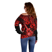 Hawaii Ukulele Off Shoulder Sweater Polynesian Pattern Red Version - Wonder Print Shop