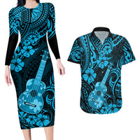 Hawaii Ukulele Couples Matching Long Sleeve Bodycon Dress and Hawaiian Shirt Polynesian Pattern Sky Blue Version - Wonder Print Shop