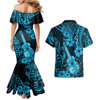 Hawaii Ukulele Couples Matching Mermaid Dress and Hawaiian Shirt Polynesian Pattern Sky Blue Version - Wonder Print Shop