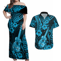 Hawaii Ukulele Couples Matching Off Shoulder Maxi Dress and Hawaiian Shirt Polynesian Pattern Sky Blue Version - Wonder Print Shop