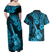 Hawaii Ukulele Couples Matching Off Shoulder Maxi Dress and Hawaiian Shirt Polynesian Pattern Sky Blue Version - Wonder Print Shop