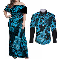 Hawaii Ukulele Couples Matching Off Shoulder Maxi Dress and Long Sleeve Button Shirts Polynesian Pattern Sky Blue Version - Wonder Print Shop
