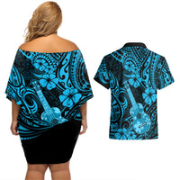 Hawaii Ukulele Couples Matching Off Shoulder Short Dress and Hawaiian Shirt Polynesian Pattern Sky Blue Version - Wonder Print Shop