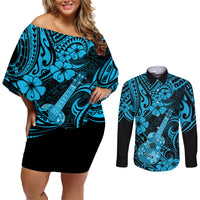 Hawaii Ukulele Couples Matching Off Shoulder Short Dress and Long Sleeve Button Shirts Polynesian Pattern Sky Blue Version - Wonder Print Shop