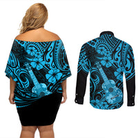 Hawaii Ukulele Couples Matching Off Shoulder Short Dress and Long Sleeve Button Shirts Polynesian Pattern Sky Blue Version - Wonder Print Shop