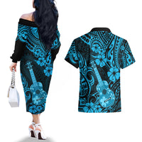 Hawaii Ukulele Couples Matching Off The Shoulder Long Sleeve Dress and Hawaiian Shirt Polynesian Pattern Sky Blue Version - Wonder Print Shop