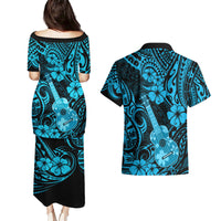 Hawaii Ukulele Couples Matching Puletasi Dress and Hawaiian Shirt Polynesian Pattern Sky Blue Version - Wonder Print Shop